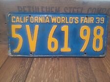 Vintage 1939 CALIFORNIA WORLD'S FAIR License Plate ORIGINAL picture