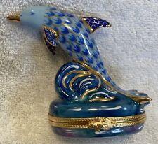 Atelier De Limoges Peint Main Dolphin Trinket Box Blue Aqua Gold Limoges France picture