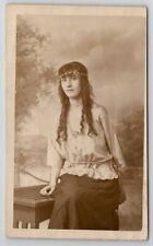 RPPC Lovely Woman Long Hair Beaded Headband Studio Lake Backdrop Postcard F29 picture