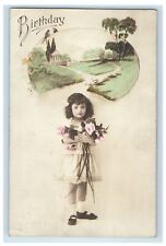 1916 Birthday Greetings Little Girl With Flowers Birds RPPC Photo Postcard picture