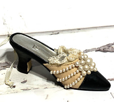 Collectible Vintage Miniature Shoe Ornament Pearls Black Beige Heel Mule Slide picture