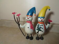 Pair of Vintage Metal Hand Painted Snowman Figurines with Birds, 9