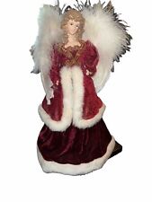 Vintage 16” Angel Tree Topper With Velvety Red Dress and Feathered Wings picture