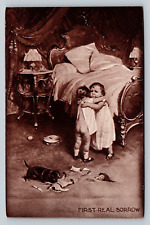 Antique Sorrow Postcard Baby Sisters Console Each Other After Dog Tears up Doll picture