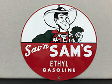 Sav'n Sam's ethyl gasoline vintage round metal  sign reproduction picture