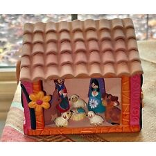 Vintage Mexican Pottery Folk Art Nativity In A Pink Ceramic House Signed picture