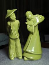 Vintage Chartreuse Mid Century Oriental Asian Couple Kleine Pottery Figurines  picture