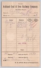 ASHLAND COAL & IRON RAILWAY COMPANY, PER DIEM REPORT c 1912 POSTAL CARD KENTUCKY picture