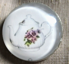 NEW LRG GLASS DOME PICTURE BUTTON  WHITE CHINA TEAPOT  W PURPLE PANSIES -- 30mm picture