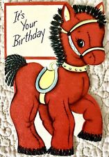 Vintage Birthday Red Horse Pony Yellow Blue Saddle Greeting Card 1950s 1959 picture