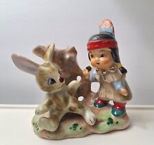 Ceramic Native Indian Little Girl & Bunny Figurine Vtg Japan Hand Painted 1950's picture