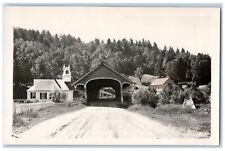 c1940's Covered Bridge Church Dirt Road Stark NH Vintage RPPC Photo Postcard picture