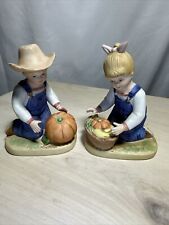 1985 Homco Denim Days Boy And Girl Pumpkin/Harvest Overalls 4.5”T Figurines picture