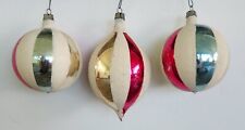 3 Vintage Jumbo Poland Teardrop Ball Stripe Mica Glass Christmas Ornaments picture