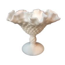 Fenton Art Glass Hobnail White Milk Glass Stemmed Pedestal Candy Compote Ruffle  picture