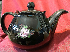 BLACK VINTAGE Classic Pottery Teapot w/Lid-Floral Transfer Design-7