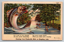 Greetings from Houghton Lake Prudenville Michigan MI Big Fish 1945 Vtg Postcard picture