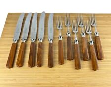 Vintage German Bakelite / Wood Grain Swirl Handle Knife Fork Set of 11 Stainless picture