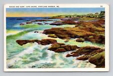 Postcard Rocks & Surf Portland Harbor Maine ME, Vintage Linen M9 picture