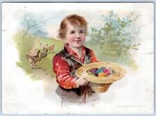 1893 EASTER GREETINGS LION COFFEE WOOLSON SPICE EGGS STRAW HAT LARGE TRADE CARD picture