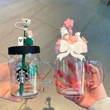 NEW Starbucks Green Apron Bear Straw Cup Glass Straw Water Cup with Lid picture