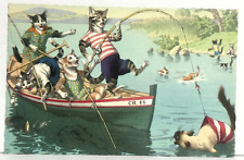 Alfred Mainzer Cats Postcard Belgium Anthropomorphic Big Siamese Fishing Catch picture
