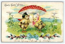 1907 Happy Easter Wishes Anthropomorphic Chicks Mushroom Antique Postcard picture