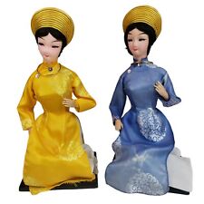 2 Seated Bup be Ba mien Vietnamese Dolls in Silk 1970s Missing instruments READ picture