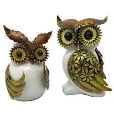 Vintage Pair of Ceramic Owl Figurines with Pressed Metal Wings Face Detail picture