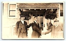 c1910 INTERESTING PHOTO 3 WELL DRESSED MEN SHAKING HANDS RPPC POSTCARD P2768 picture