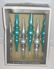 Be Jolly Vintage Aqua Blue Silver Glass Christmas Ornaments Icicle Shaped 6 Box picture