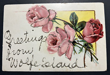 Glitter Postcard Greetings from Wolfe Island Pink Flowers 1910's picture