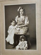 Antique Portrait Picture Children With Doll Creepy Photo On Board picture