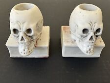 Pair of Vintage Japanese Ceramic Bisque Skull on Book Candlesticks 1940’-1950’s picture
