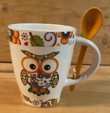 Trisa Patchwork Owl Mug with Spoon Coffee Tea Hot Chocolate Whimsical  Retro picture