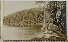1920s Lakeshore Calm Lake Pine Trees RPPC Postcard Americana Idyllic Vtg picture