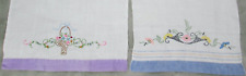 Vintage Linen Hand Kitchen Towel Embroidered Flower Purple Blue Basket Nouveau picture
