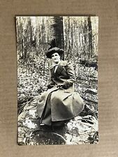 Postcard RPPC Woman Lady Posing In Woods Forest Hat Bow Tie Vintage Real Photo picture