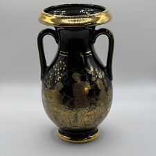 🏺VINTAGE FAKIOLAS 7 Inch Amphora Vase Black & 24K Gold~Handmade Greek Urn picture