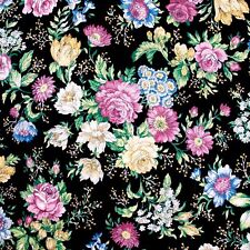 Vintage Cotton Fabric Flowers Concord Fabric Pink Roses on Black Kessler BTHY picture