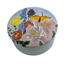 Ceramic Trinket Box W/ Lid Floral Butterfly Embossed 5.5Wx3.5H Signed J Stoner picture