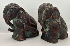 Pair Of Cast Iron Indian Elephants Tucked Trunk, Patina Red Antiqued Finish 8lbs picture