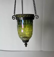 Vintage Mid Century Modern Green Mosaic Glass Hanging Candle Lantern picture