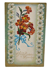 Antique 1910s A Loving Birthday Greeting Embossed Gilded Postcard Floral Bouquet picture