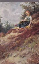 VTG Postcard Antique 1907-15 Woman Sitting on Hill, with Flowers picture