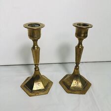 Pair Of Vintage Ornate Brass Hexagon Candles Holder Engraved  5.5 Inches High picture