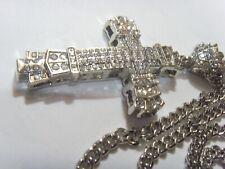vintg silver tone metal Diamante bejeweled filigree cross religious necklc 52920 picture