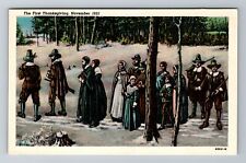 Plymouth MA-Massachusetts, Painting Of The First Thanksgiving Vintage Postcard picture