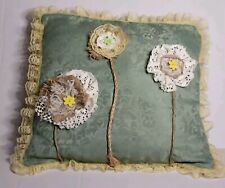 Handmade Pillow Sage Green Jacquard Yellow Lace Trim Flowers Cottagecore 18