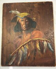 Antique Native American Indian Painting Portrait On Board Early Mid 19th Century picture